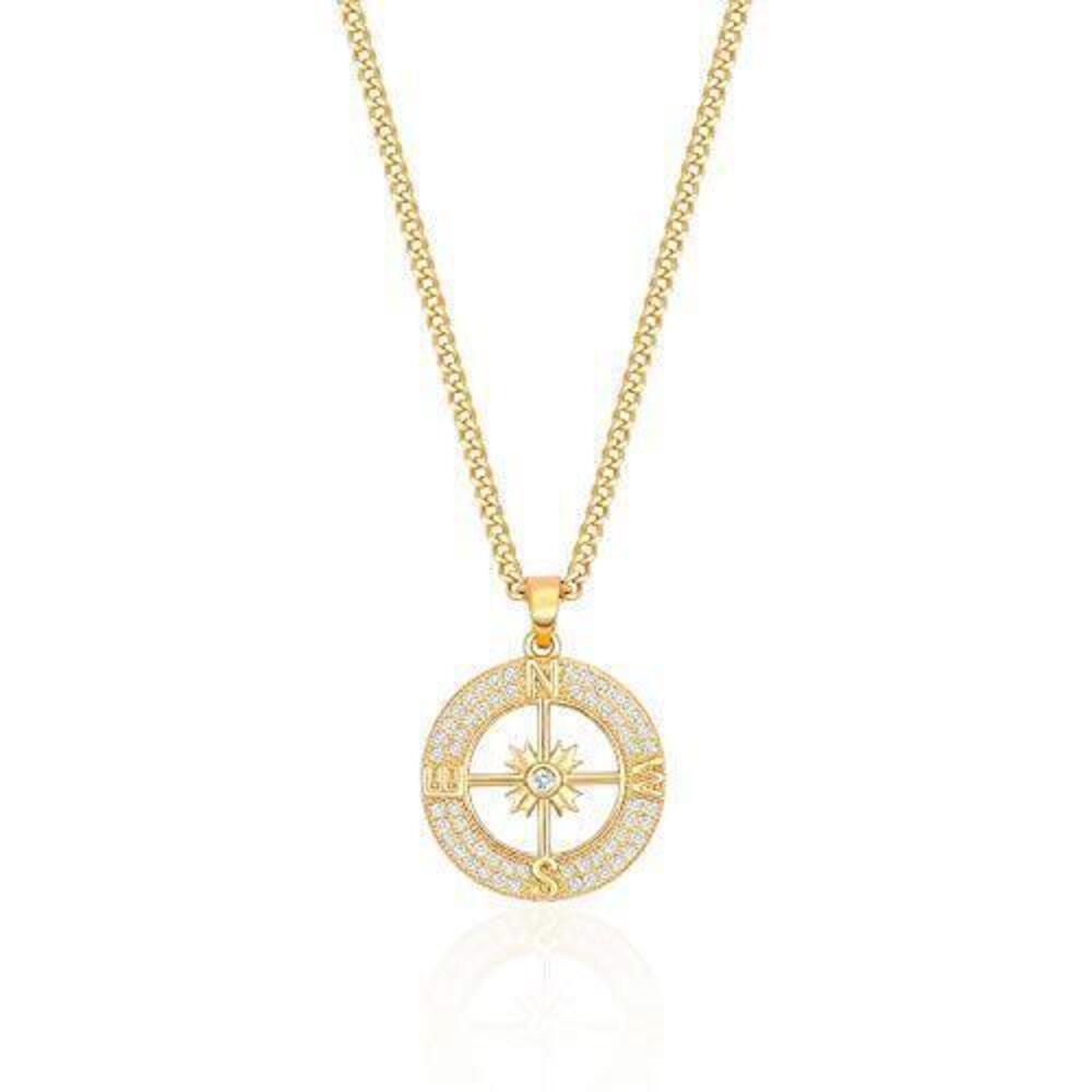 7614 18K Gold Plated Cuban Chain Compass Pendant Necklace with Micro-Inlaid